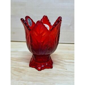 Fenton Ruby Red Glass Tulip Lotus Leaf Votive Candle Holder Ruffled Pedestal USA